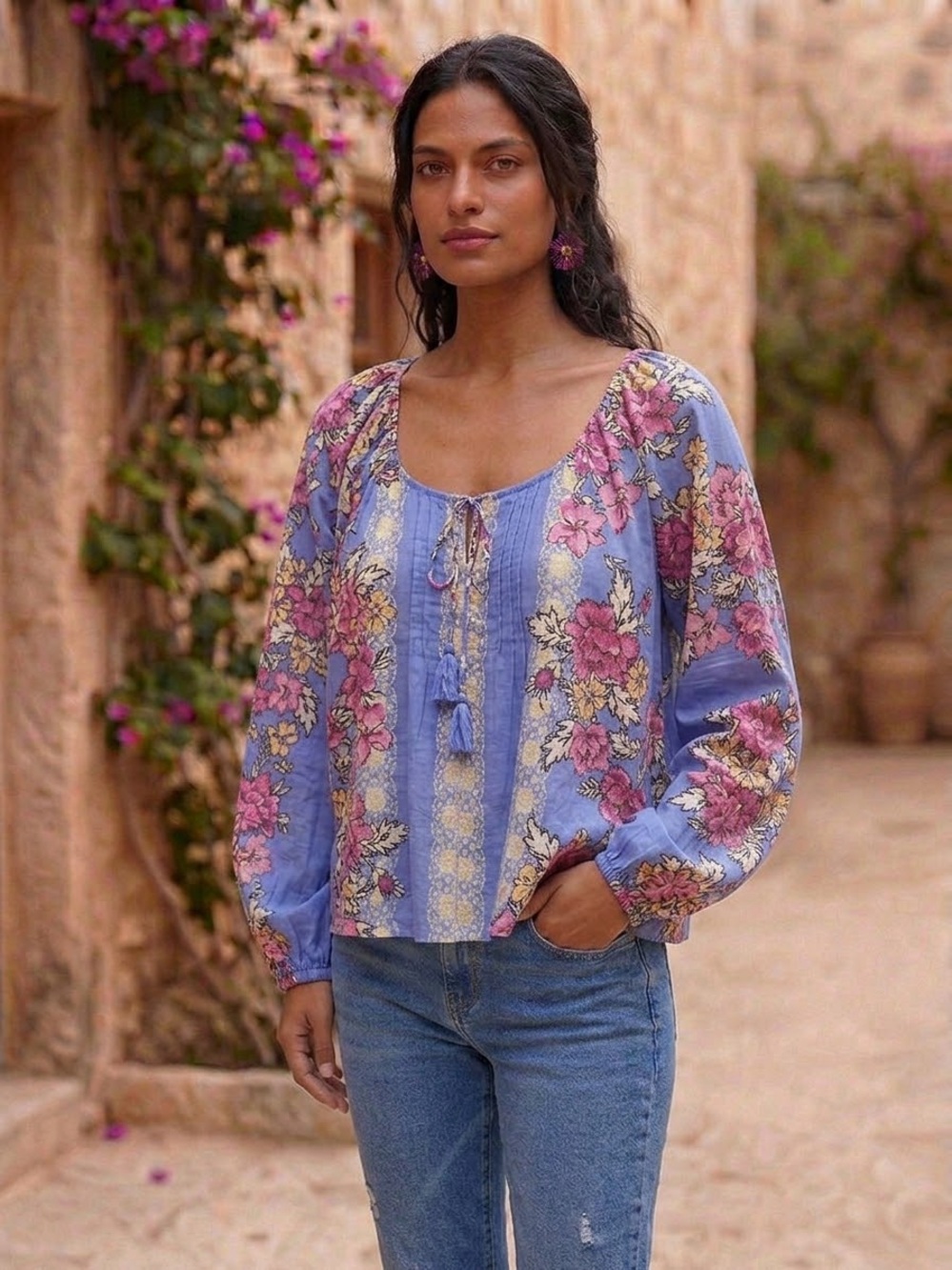 Free People Periwinkle Floral Tie-Front Peasant Top